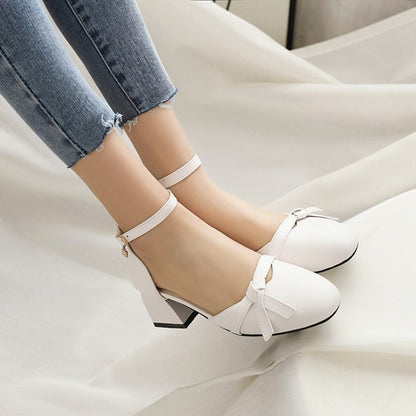 Women Round Toe Butterfly Knot Hollow Out Block Heel Sandals