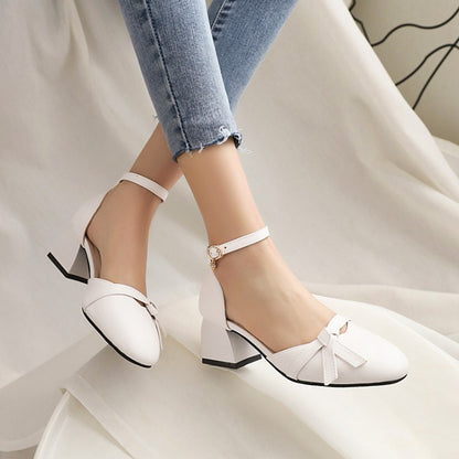 Women Round Toe Butterfly Knot Hollow Out Block Heel Sandals