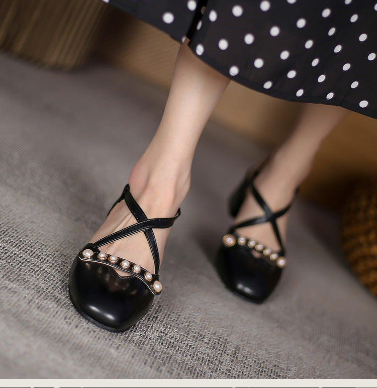 Women Square Closed Toe Hollow Out Beading Medium Block Heel Sandals