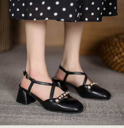 Women Square Closed Toe Hollow Out Beading Medium Block Heel Sandals