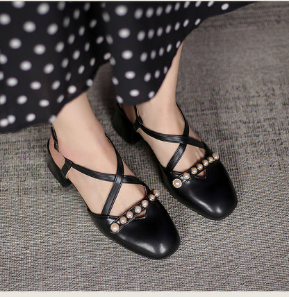 Women Square Closed Toe Hollow Out Beading Medium Block Heel Sandals