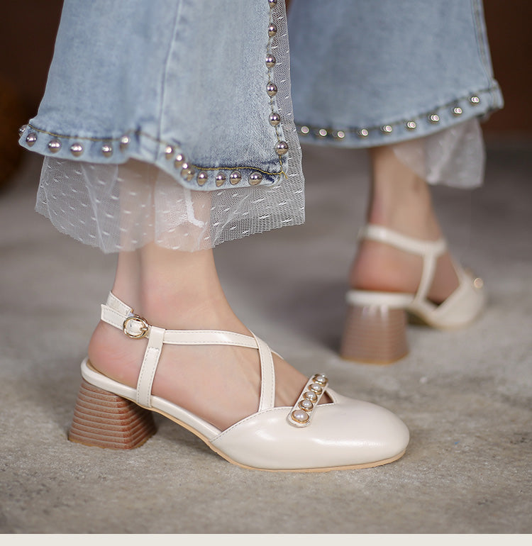 Women Square Closed Toe Hollow Out Beading Medium Block Heel Sandals