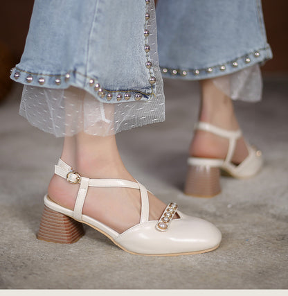 Women Square Closed Toe Hollow Out Beading Medium Block Heel Sandals