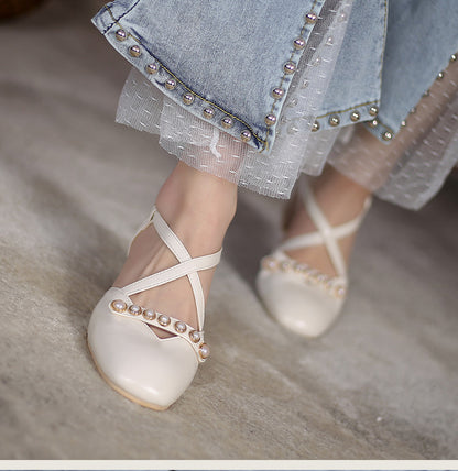 Women Square Closed Toe Hollow Out Beading Medium Block Heel Sandals