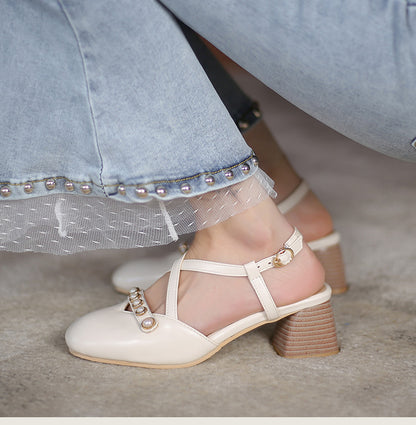 Women Square Closed Toe Hollow Out Beading Medium Block Heel Sandals