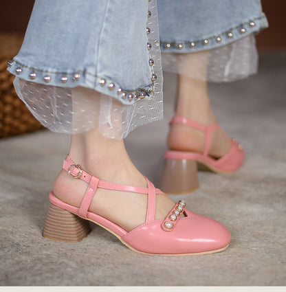 Women Square Closed Toe Hollow Out Beading Medium Block Heel Sandals