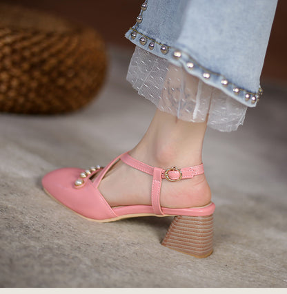 Women Square Closed Toe Hollow Out Beading Medium Block Heel Sandals