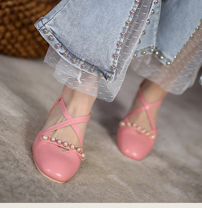 Women Square Closed Toe Hollow Out Beading Medium Block Heel Sandals