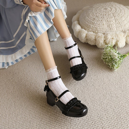 Women Ankle Strap Bowtie Middle Heel Pumps