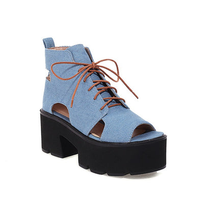 Women Open Toe Denim Platform Sandals