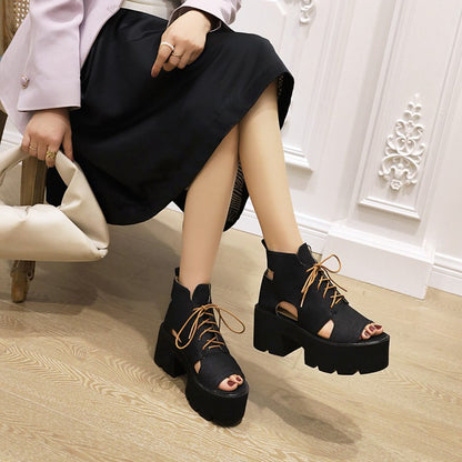 Women Open Toe Denim Platform Sandals