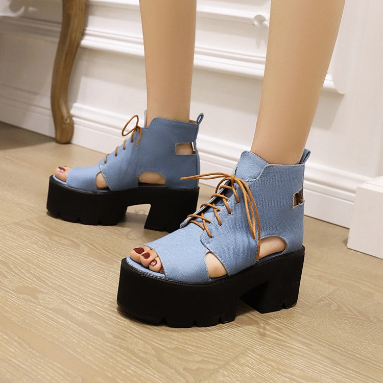 Women Open Toe Denim Platform Sandals