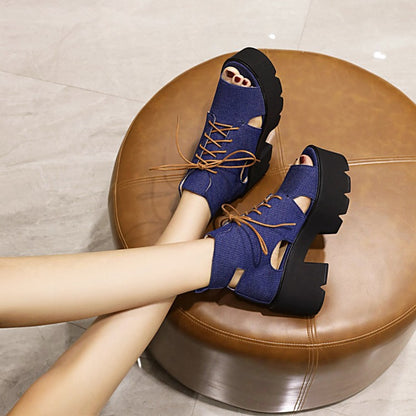 Women Open Toe Denim Platform Sandals