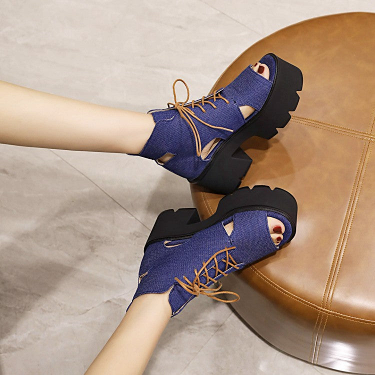 Women Open Toe Denim Platform Sandals