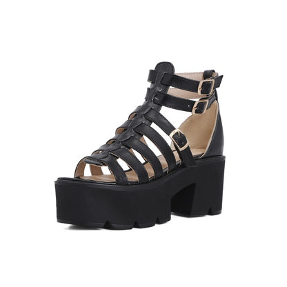 Women Hollow Out Ankle Strap Buckle Thick Sole Chunky Heel Platform Sandals