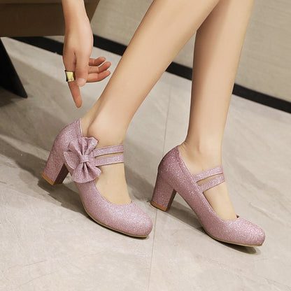 Women Double Strap Bowtie High Heels Chunky Pumps