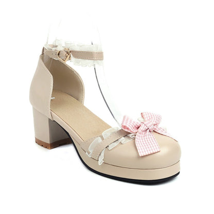 Women Lolita Closed Toe Lace Butterfly Knot Ankle Strap Block Heel Sandals