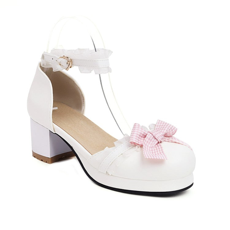 Women Lolita Closed Toe Lace Butterfly Knot Ankle Strap Block Heel Sandals