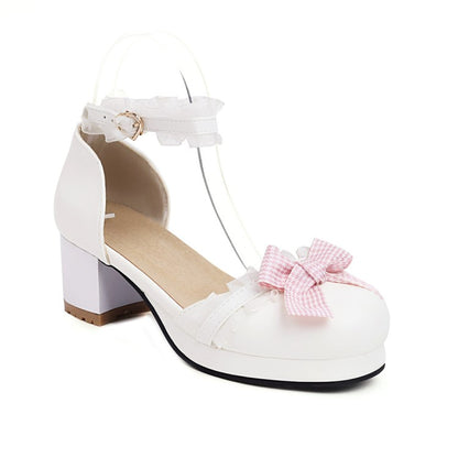 Women Lolita Closed Toe Lace Butterfly Knot Ankle Strap Block Heel Sandals