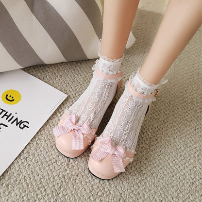 Women Lolita Closed Toe Lace Butterfly Knot Ankle Strap Block Heel Sandals