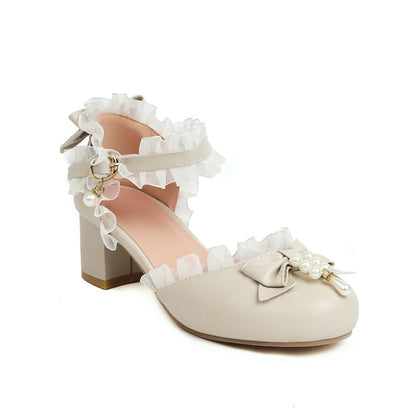 Women Lolita Lace Butterfly Knot Pearls Chunky Heel Platform Sandals