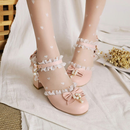 Women Lolita Lace Butterfly Knot Pearls Chunky Heel Platform Sandals