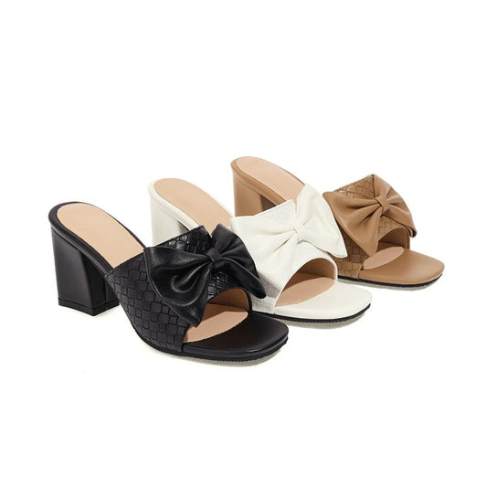 Women Square Toe Woven Butterfly Knot Block Heel Sandals