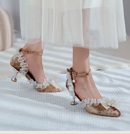 Women High Heels Lolita Lace Pointed Toe Butterfly Knot Pearls Stiletto Sandals