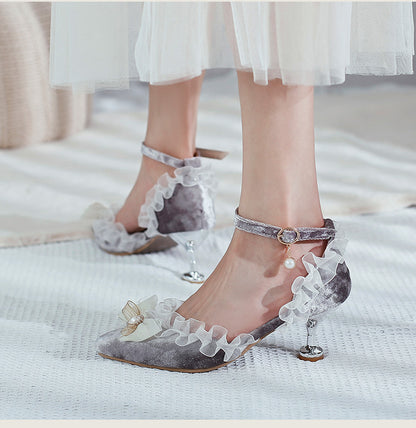 Women High Heels Lolita Lace Pointed Toe Butterfly Knot Pearls Stiletto Sandals