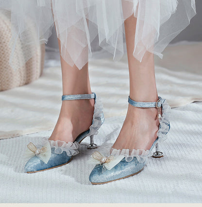 Women High Heels Lolita Lace Pointed Toe Butterfly Knot Pearls Stiletto Sandals