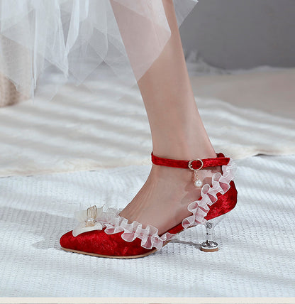 Women High Heels Lolita Lace Pointed Toe Butterfly Knot Pearls Stiletto Sandals