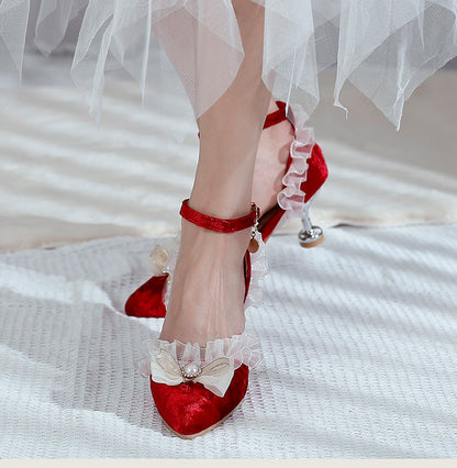 Women High Heels Lolita Lace Pointed Toe Butterfly Knot Pearls Stiletto Sandals