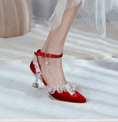 Women High Heels Lolita Lace Pointed Toe Butterfly Knot Pearls Stiletto Sandals