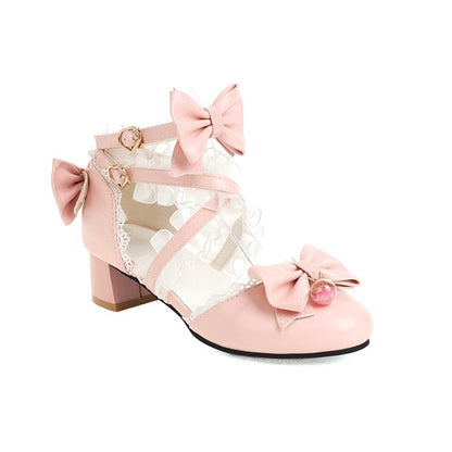 Women Closed Toe Lolita Butterfly Knot Lace Block Heel Sandals