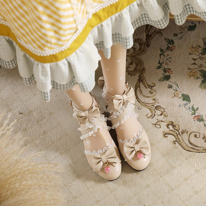 Women Closed Toe Lolita Butterfly Knot Lace Block Heel Sandals