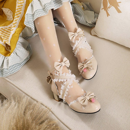 Women Closed Toe Lolita Butterfly Knot Lace Block Heel Sandals