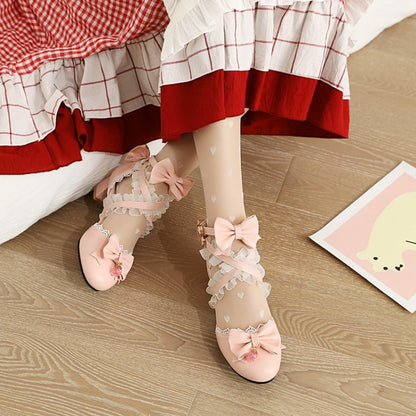 Women Closed Toe Lolita Butterfly Knot Lace Block Heel Sandals