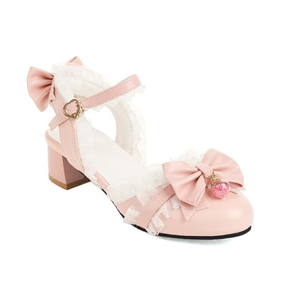 Women Lolita Closed Toe Lace Butterfly Knot Block Heel Sandals