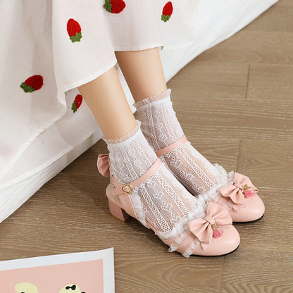 Women Lolita Closed Toe Lace Butterfly Knot Block Heel Sandals