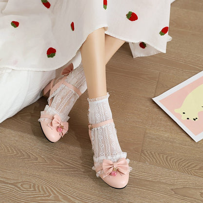 Women Lolita Closed Toe Lace Butterfly Knot Block Heel Sandals