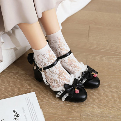 Women Lolita Closed Toe Lace Butterfly Knot Block Heel Sandals