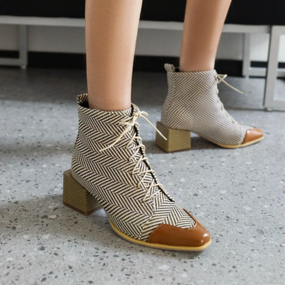 Women Bicolor Lace Up Block Low Heel Short Boots