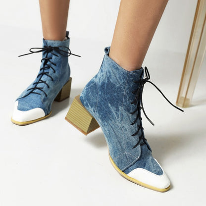 Women Bicolor Lace Up Block Low Heel Short Boots