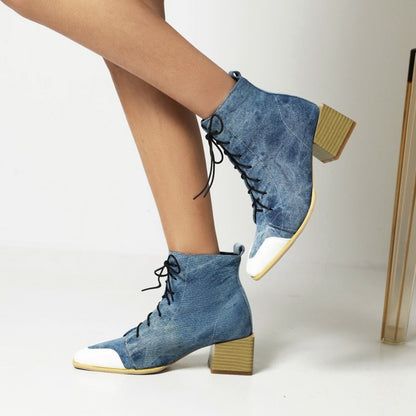 Women Bicolor Lace Up Block Low Heel Short Boots