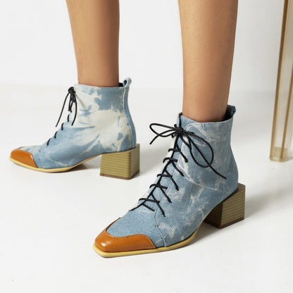 Women Bicolor Lace Up Block Low Heel Short Boots