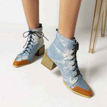 Women Bicolor Lace Up Block Low Heel Short Boots