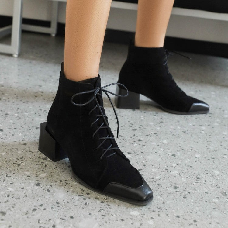 Women Bicolor Lace Up Block Low Heel Short Boots