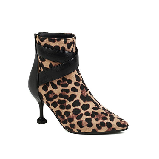 Women Leopard Print Pu Leather Pointed Toe Stiletto Heel Short Boots