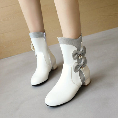 Women Bowtie Pearls Low Heel Short Boots