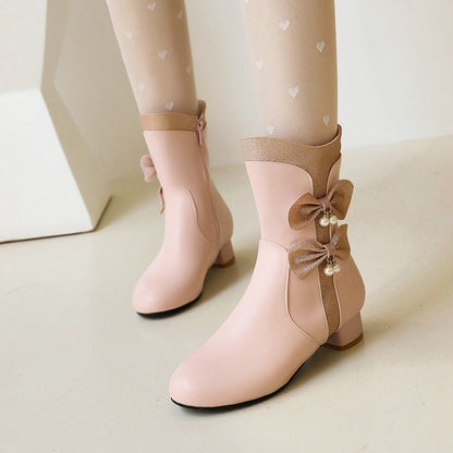 Women Bowtie Pearls Low Heel Short Boots